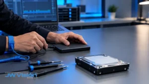 Técnico realizando el diagnóstico de un disco duro en un laboratorio de recuperación de datos en Caracas