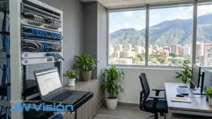 Técnico de soporte revisando el servidor y la red de una pequeña oficina en Caracas