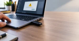 Memoria USB conectada a una laptop con un aviso de error que pide formatear la unidad